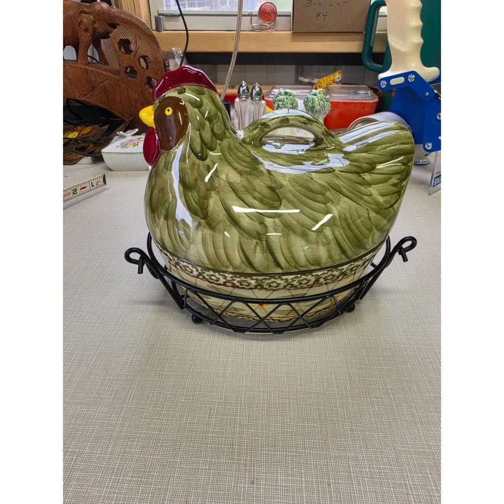 Temp-tations Old World Green Hen on Nest Ceramic Covered Baker Wire Basket 3pc